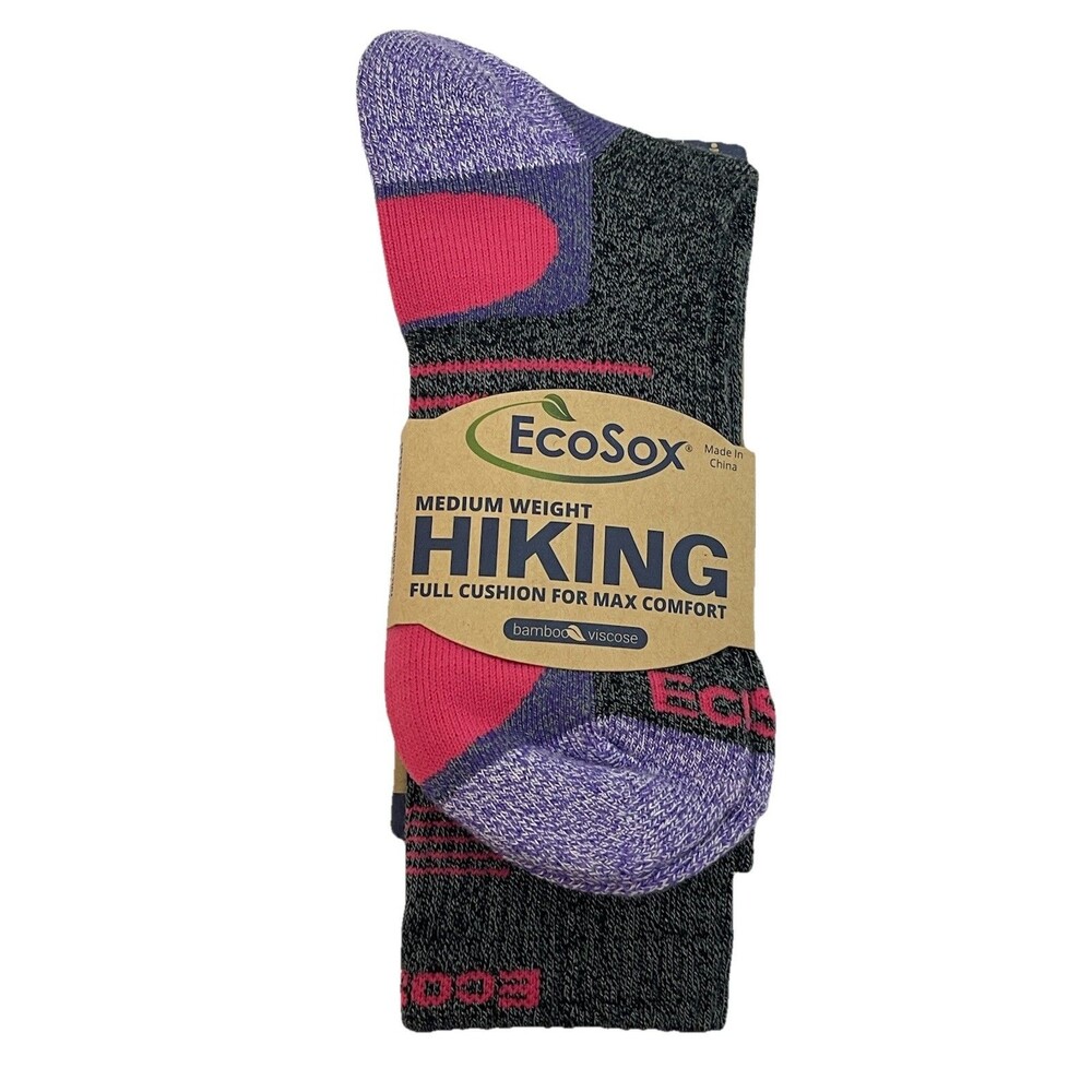 Ecosocks Crew Socks Hiking Outdoor Medium Weight Gray Purple Pink Womens 6-10